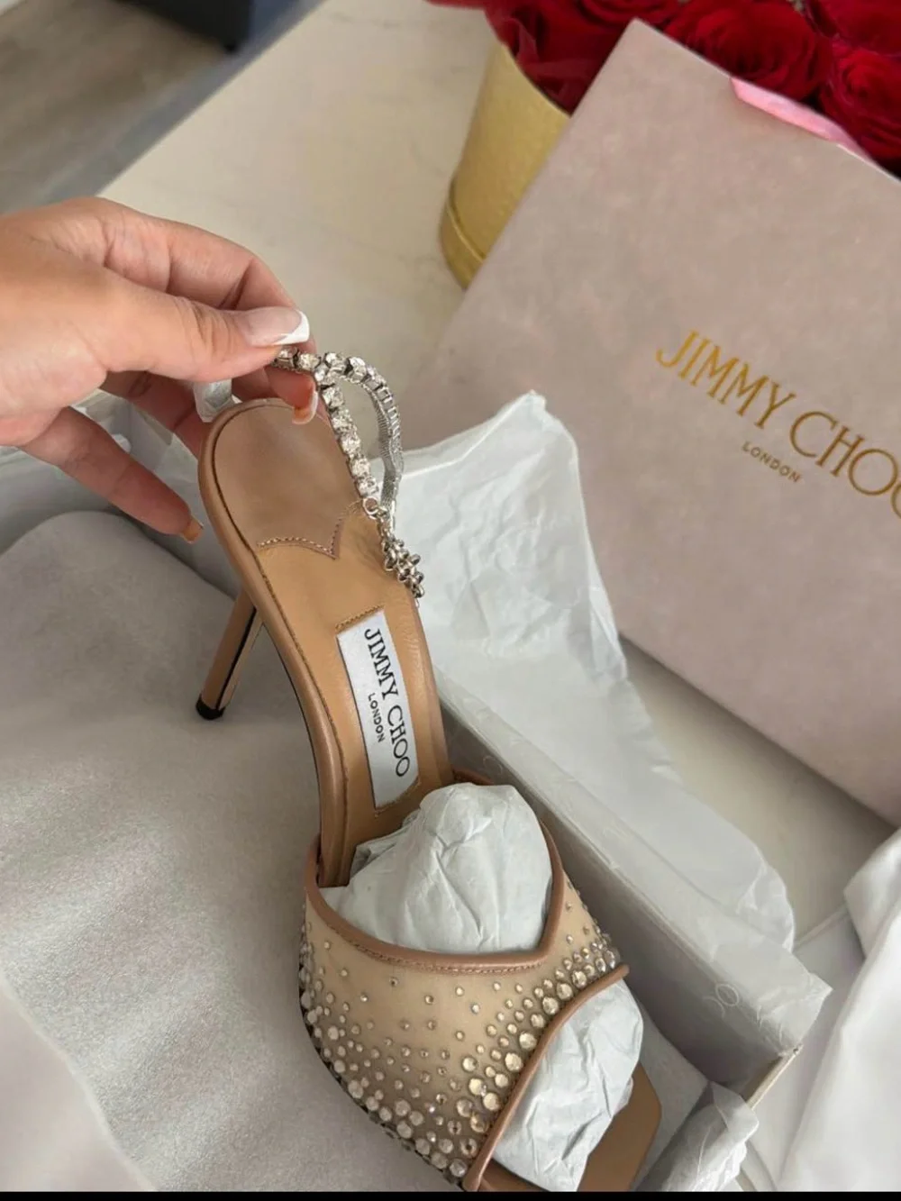 JIMMY CHOO Saeda 100 Crystal Embellished Leather Sandals Nude - Picture 1 of 2